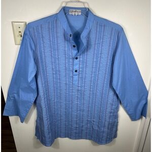 Fabindia Kurta Tunic Shirt Mens 36 Blue Embroidered Mandarin Collar Grandad BOHO